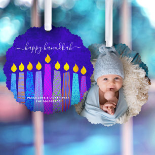 Blauwe foto Hanukkah Menorah Kaarsen Modern Boho Ornament Kaart