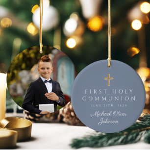 Blauwe Foto Religieus Kruis Jongen Eerste Communie Keramisch Ornament