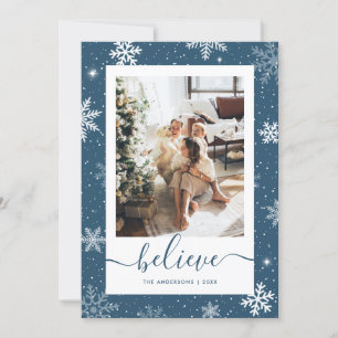 Blauwe foto Snowflake Believe Feestdagenkaart