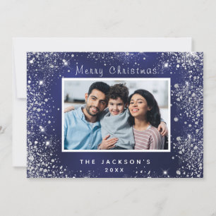 Blauwe foto zilveren sparkle kerstkaart