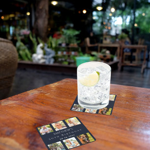 Blauwe fotocollage verjaardagsfeestje vierkante kartonnen onderzetter