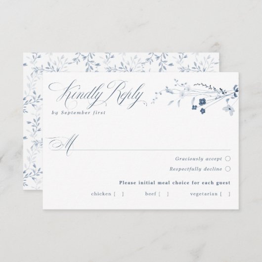 Blauwe Franse Bloemmaaltijd Keuzekaart RSVP (Voorkant / Achterkant)