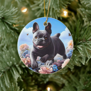 Blauwe Franse Bulldog & Bloemen Keramisch Ornament