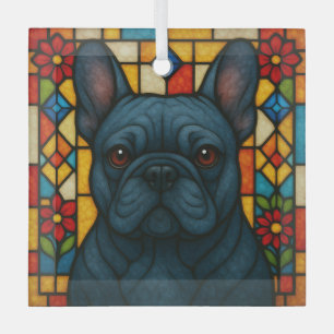 Blauwe Franse Bulldog "Glas in lood" Glas Ornament
