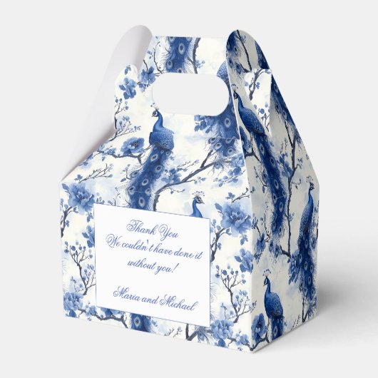 Blauwe Franse Chinoiserie Peacock bruiloft Bedankdoosjes (Achterkant)