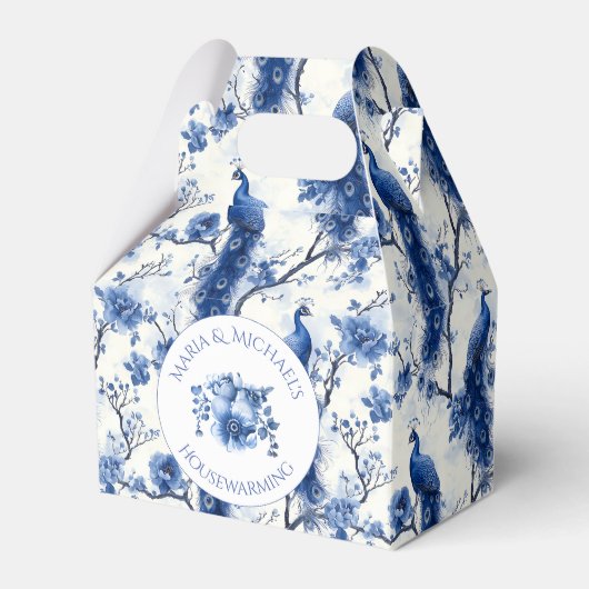 Blauwe Franse Chinoiserie Peacock bruiloft Bedankdoosjes (Voorkant Zijde)