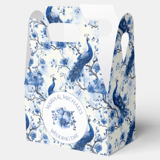 Blauwe Franse Chinoiserie Peacock bruiloft Bedankdoosjes (Geopend)