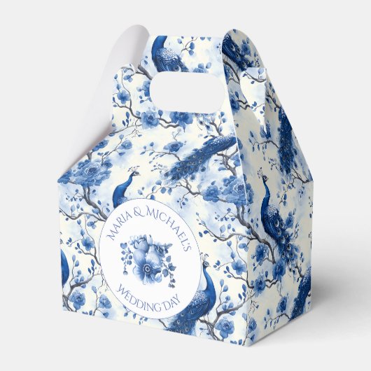 Blauwe Franse Chinoiserie Peacock bruiloft Bedankdoosjes (Voorkant Zijde)
