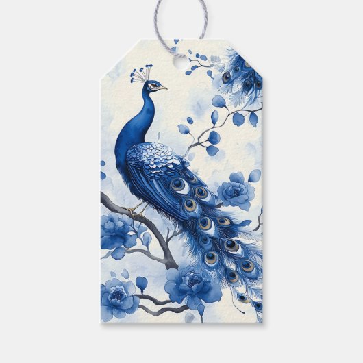 Blauwe Franse Chinoiserie Waterverf Pauw Cadeaulabel (Voorkant)