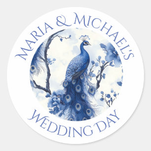  Blauwe Franse Chinoiserie Waterverf Pauw Ronde Sticker