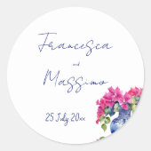 Blauwe Franse Tegels Bougainvillea elegante bruilo Ronde Sticker (Voorkant)