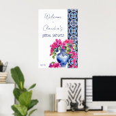 Blauwe Franse Tegels Bougainvillea vrijgezellenfee Poster (Thuiskantoor)