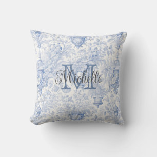 Blauwe Franse Toile de Jouy Monogram Initiaal Naam Kussen