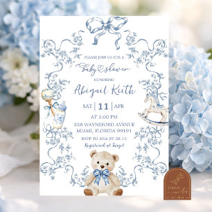 Blauwe Franse Toile Jongens Baby Shower Uitnodigin Kaart