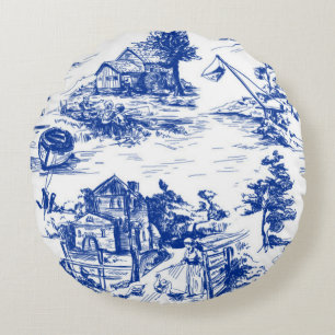 Blauwe Franse Toile Rond Kussen