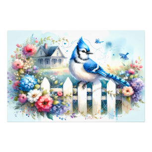 Blauwe Gaai Cottage Tuin Schutting Scene Foto Afdruk