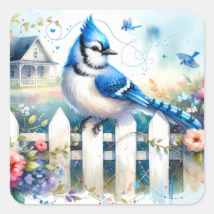 Blauwe Gaai Cottage Tuinhek Scene Vierkante Sticker