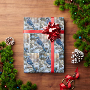 Blauwe Gaai Geperst Op een Besneeuwde Dennenboom Cadeaupapier