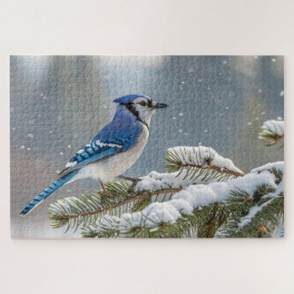 Blauwe Gaai op Besneeuwde Dennentak Legpuzzel