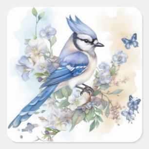 Blauwe Gaai Vogel Bloemen Lente Zomer Natuur Vierkante Sticker