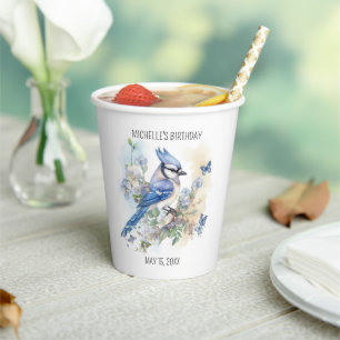 Blauwe Gaai Vogel Bloemen Lentebirthday Naam Papieren Bekers