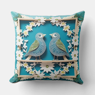 🌸 Blauwe Gaai Vogel Bloemige Natuur Cadeau Kussen