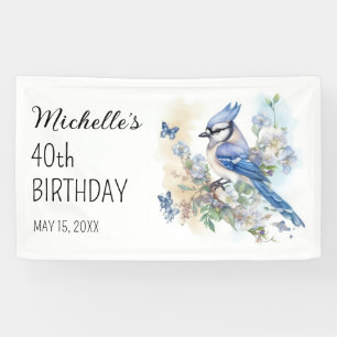 Blauwe Gaai Vogel Bloemrijke Lente 40e Verjaardag Spandoek