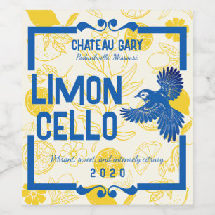Blauwe gaai vogel citroenen limoncello likeur azij wijn etiket