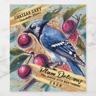 Blauwe gaai vogel pruimen boom artistiek zelfgemaa wijn etiket