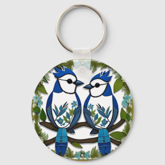 Blauwe Gaai Vogels Papier Kunst Sleutelhanger