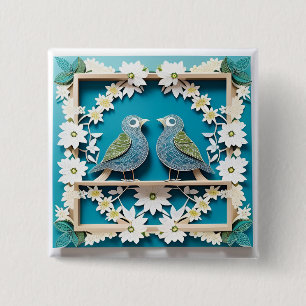 Blauwe Gaaien Papier Kunst Vierkante Button 5,1 Cm