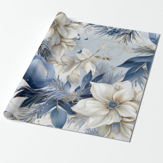 Blauwe  geïnspireerde bloemen cadeaupapier (Uitgerold)