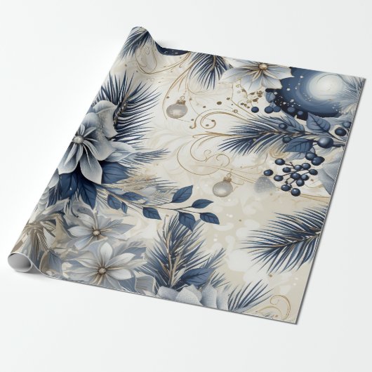 Blauwe geïnspireerde bloemen cadeaupapier (Uitgerold)