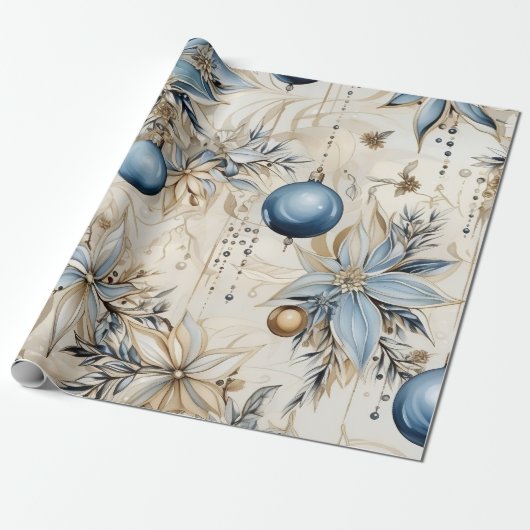 Blauwe  geïnspireerde bloemen cadeaupapier (Uitgerold)