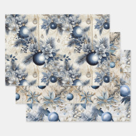 Blauwe geïnspireerde kerstbloemen inpakpapier vel