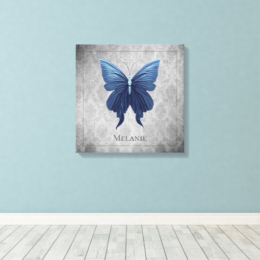 Blauwe gejuwelde vlinder canvas afdruk (Insitu (Houten vloer))