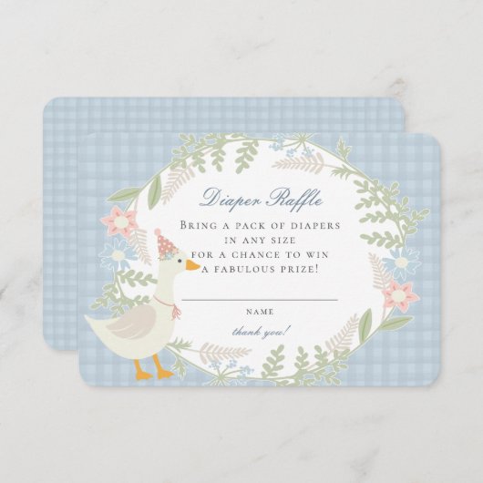 Blauwe Gekke Goose Gingham Bloemen Luier Raffle Ka Informatiekaartje (Voorkant / Achterkant)