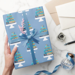 Blauwe gelaagde verjaardagstaart cadeaupapier