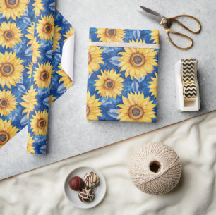 Blauwe Gele Bloemen Verjaardag Cadeaupapier