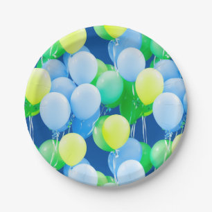 Blauwe, gele en groene ballonnen - Papieren Borden Bordje
