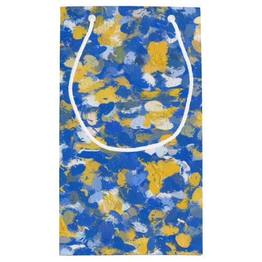 Blauwe, gele en witte verfvlekken klein cadeauzakje (Achterkant)