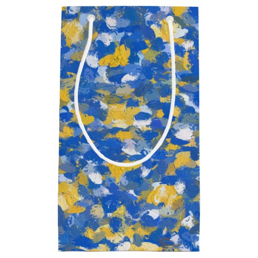 Blauwe, gele en witte verfvlekken klein cadeauzakje (Voorkant)