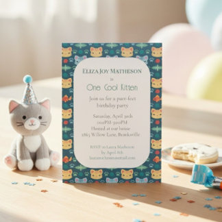 Blauwe & Gele Kitty Kat Eén Coole Kittens Verjaar Kaart