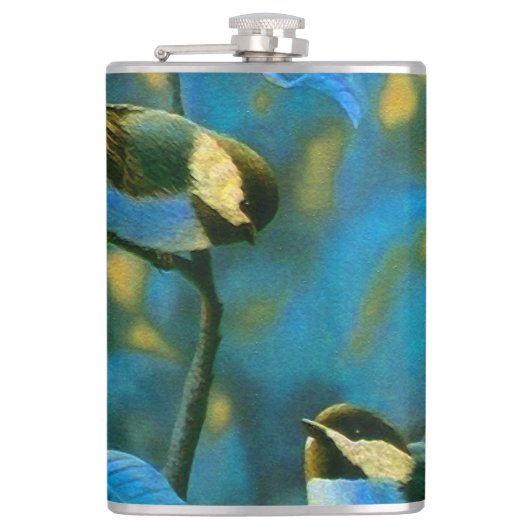 Blauwe gele kleine vogels heupfles (Voorkant)