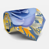 Blauwe Gele Pioen Waterverf Bloemen Bruiloft Groom Stropdas (Opgerold)