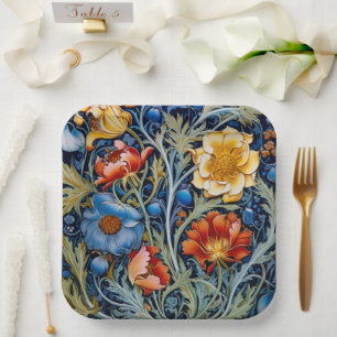 Blauwe Gele Rode Bloemen William Morris Stijl Papieren Bordje