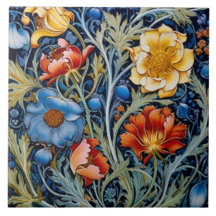  Blauwe Gele Rode Bloemen William Morris Stijl  Tegeltje