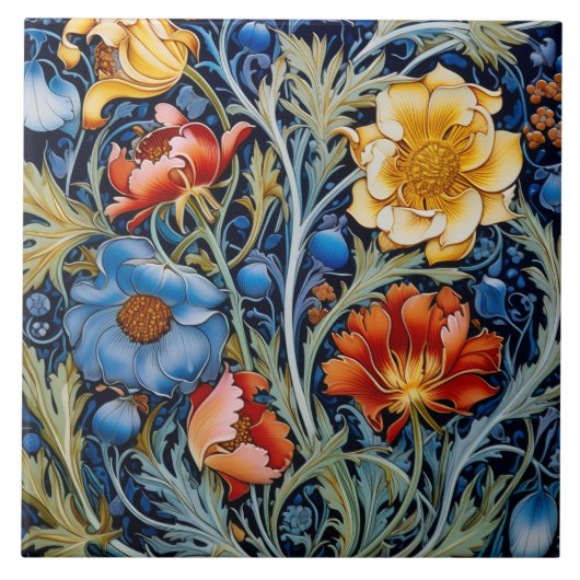  Blauwe Gele Rode Bloemen William Morris Stijl  Tegeltje (Voorkant)