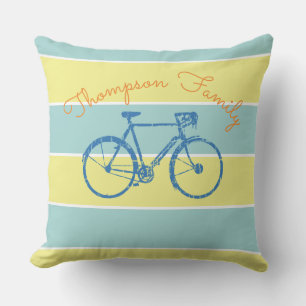 Blauwe & gele strepen met fiets, familie buitenkussen