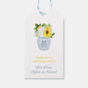Blauwe & Gele Zonnebloemen Ginger Jar Bruiloft Dou Cadeaulabel